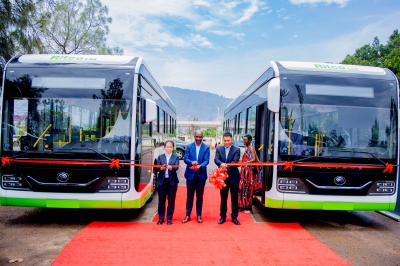 Officials cut ribbon during the handover of new electric buses that were imported by RITCO, in Kigali  on October 18. Courtesy
