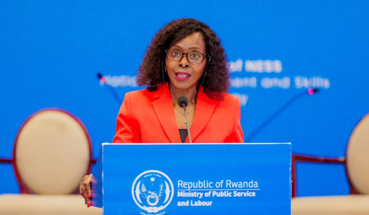 Christine Nkulikiyinka, the Minister of Public Service and Labour delivers her remarks during the Labour&#039;s Day ceremony on Thursday in Kigali. Courtesy