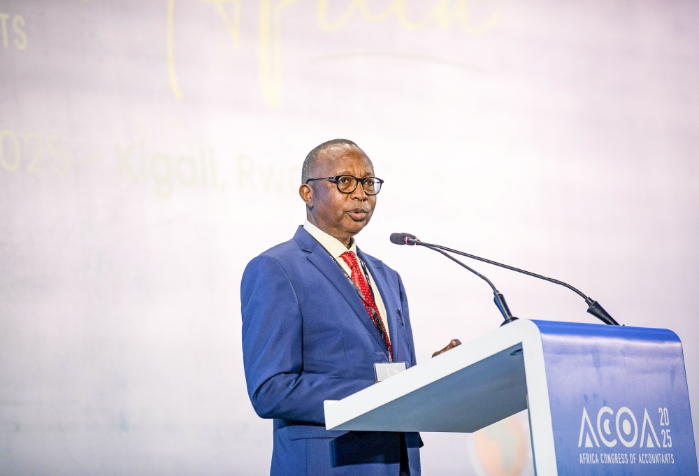 Obadiah R. Biraro, President of ICPAR addresses delegates at the Africa Congress of Accountants (ACOA) on Tuesday, May 7. Photo by Dan Gatsinzi