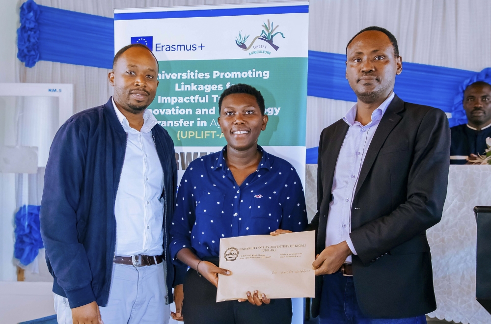 Delphine Uwera, the overall winner of the competition awarded cash prizes and entry into a six-month business incubation programme at the UNILAK campus in Kigali  on Friday, May 9. Courtesy