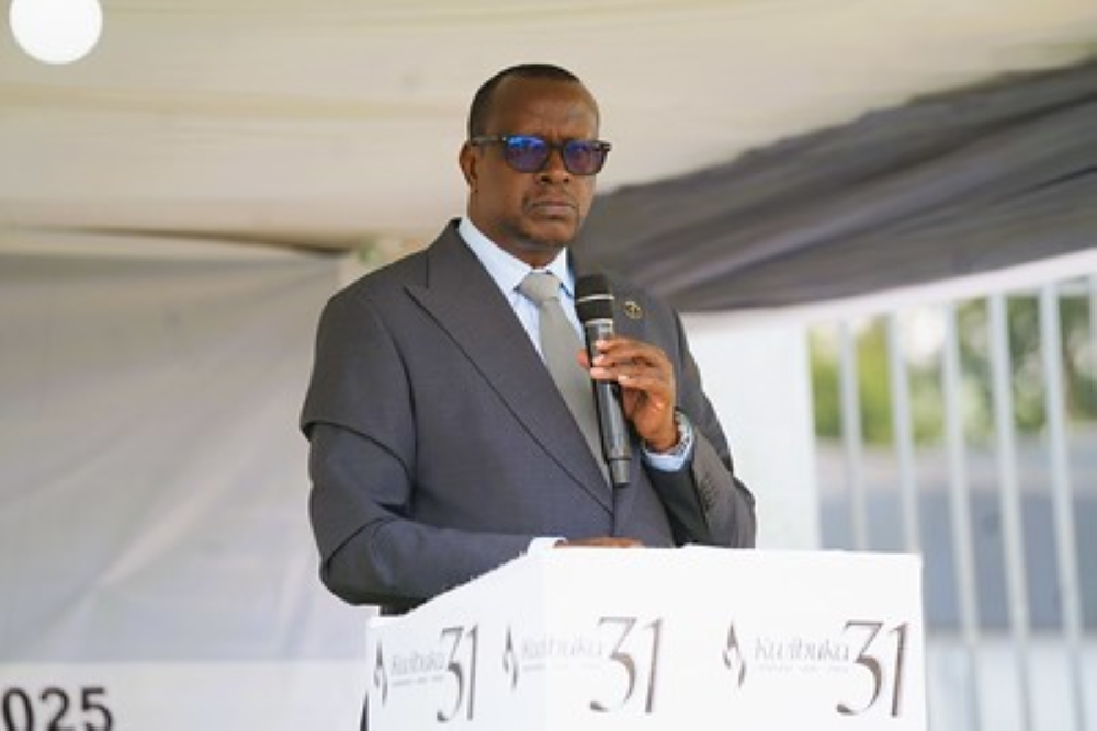 Minister of National Unity and Civic Engagement, Jean-Damascène Bizimana, addresses Rubavu and Nyabihu residents during commemoration event at the Bigogwe Genocide Memorial.Courtesy